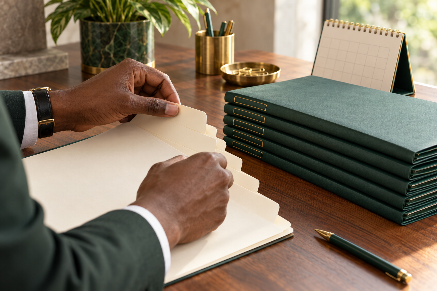 Conceptual AI illustration of hands checking blank document tabs beside green folders