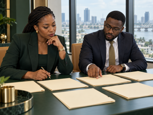 Conceptual AI illustration of Nigerian finance professionals reviewing separate income-stream folders