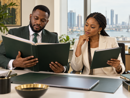 Conceptual AI illustration of Nigerian finance professionals comparing quarterly and nine-month reports