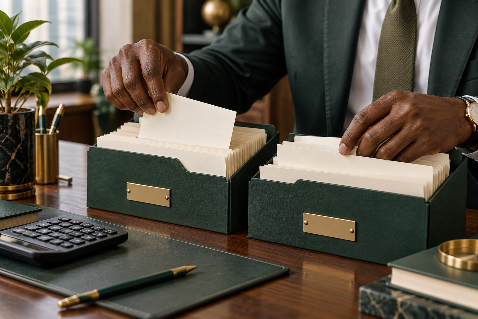 Conceptual AI illustration of an analyst separating blank cards into two green folders