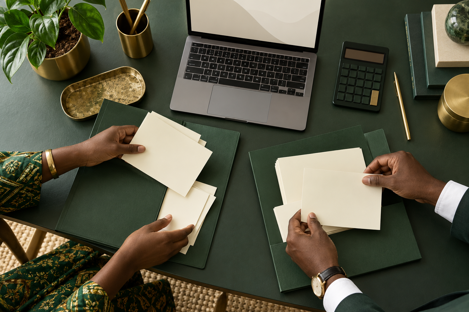Conceptual AI illustration of treasury-team hands sorting blank cards into separate folders