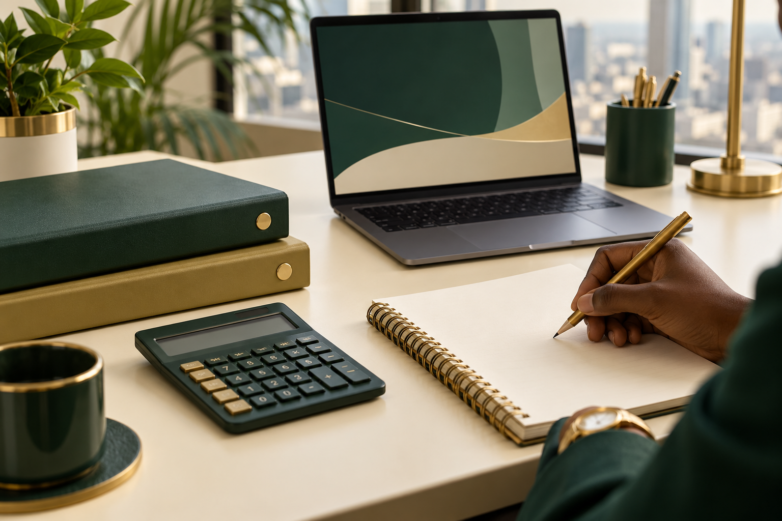 Conceptual AI illustration of a Nigerian treasury planning desk with blank notebook and calculator